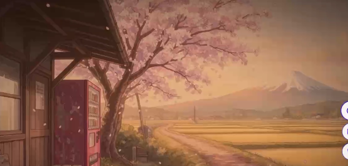 Base Camp in Onuai World: a wooden station under a cherry tree, a path leading across fields to a mountain.