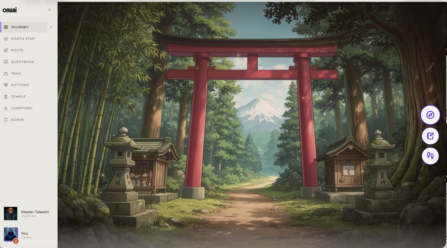 The Torii Gate level in Onuai World: a red gate on a forest path with a mountain beyond.