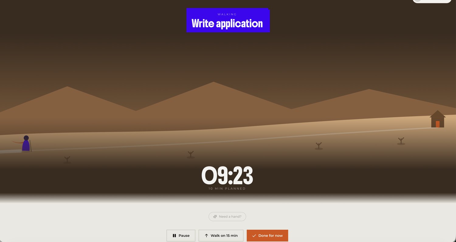The Trail in Onuai World: a small cloaked figure walking a path across dunes toward a hut, with a timer counting down.