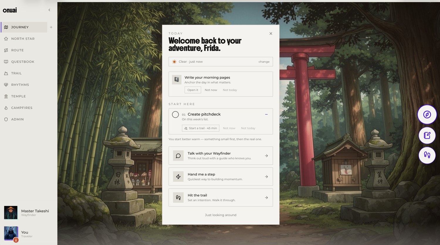 Onuai World on the Journey screen: a welcome card with today's weather, morning pages, one priority and ways to take the next step.